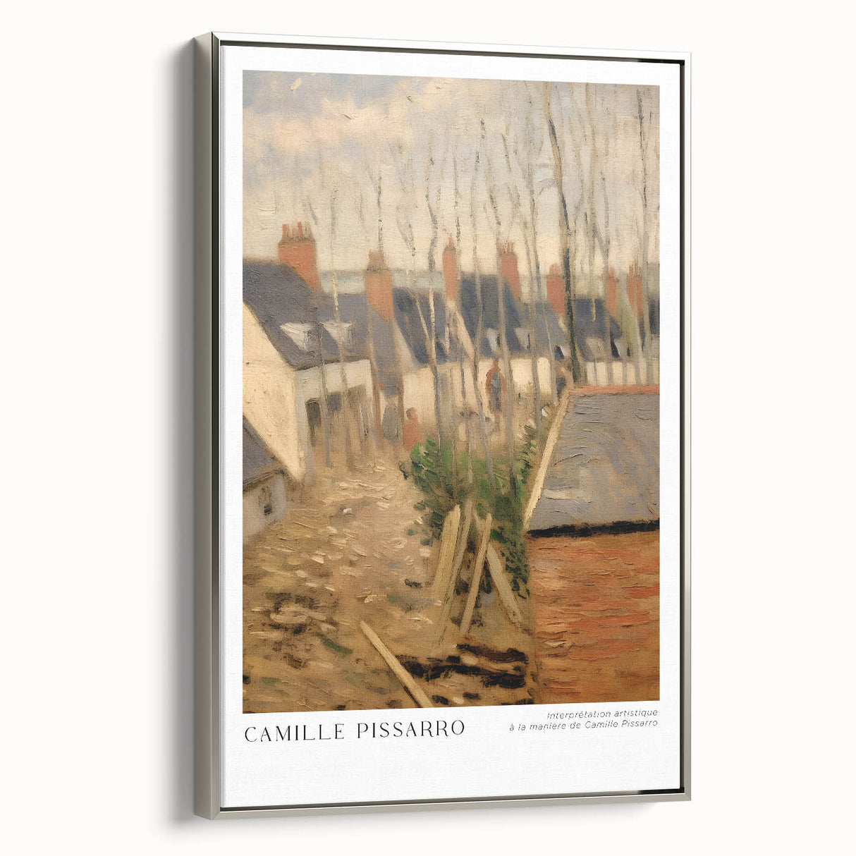 Landscape art painting of a rural scene with colorful sky and fields, displayed in a silver frame on black canvas.