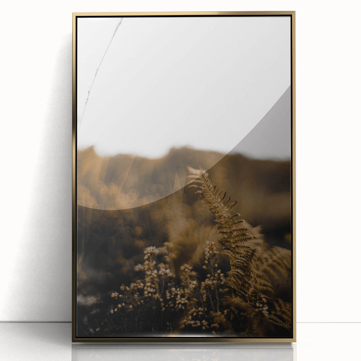 Large art print of a mid-century modernist fall scene in gold and orange tones on acrylic, ideal for nursery wall decor.