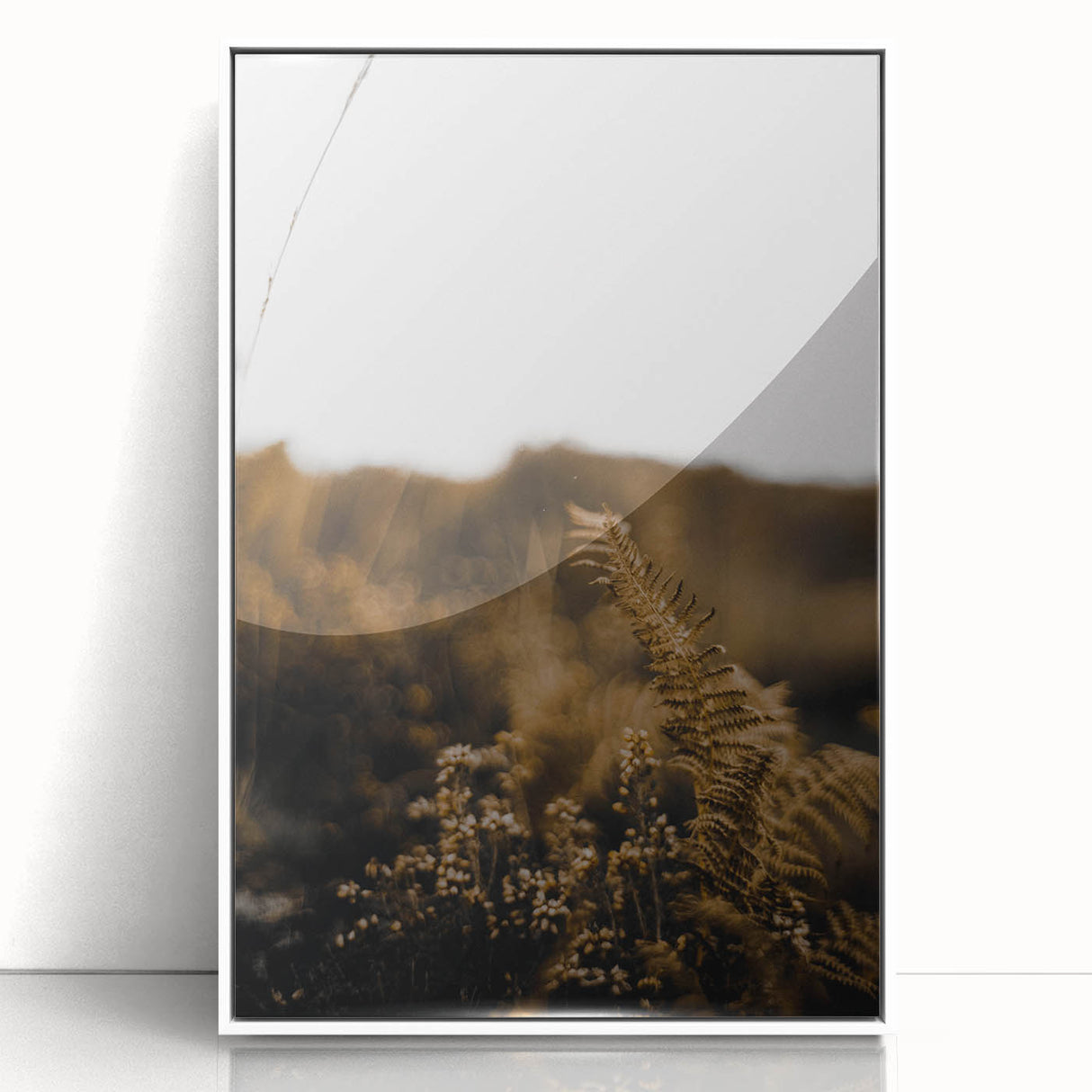 Art deco poster of autumn trees in muted orange and brown hues, acrylic print framed in white, ideal for nursery wall art.