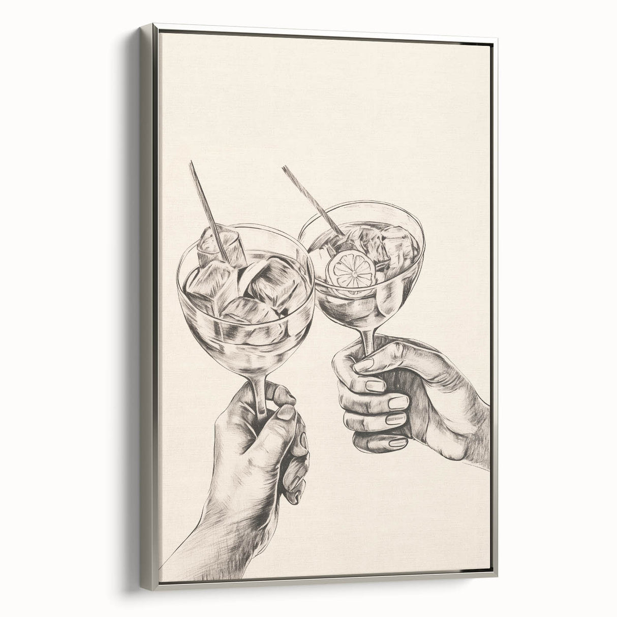 Framed canvas depicting a winter landscape scene in muted grayscale tones.