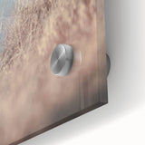 Large abstract wall art in vibrant orange and blue tones on acrylic glass, suitable for dining room ambiance.