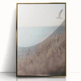 Large art print of a mid-century modernist summer scene in acrylic, with gold frame, ideal for nursery wall decor.