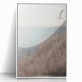 Art deco poster featuring a minimalist summer design in pastel shades, ideal for nursery wall art, framed in white acrylic.