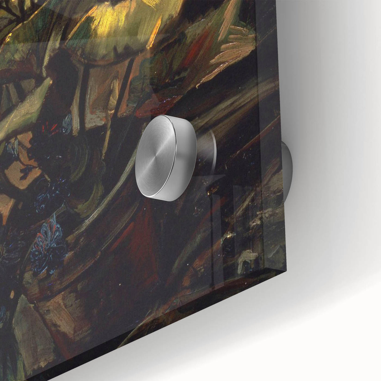 Large abstract wall art print on acrylic glass depicting dynamic, swirling patterns in vibrant blues and yellows.