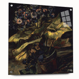 Large abstract wall art on acrylic glass depicting vibrant, swirling hues of blue and yellow.