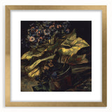 Abstract art print of swirling blue and yellow tones on a framed canvas, suitable for dining room or bedroom decor.