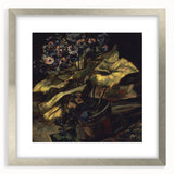 Extra large abstract art print with textured swirls in blue and yellow hues, framed in silver, ideal for living room decor.