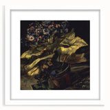 Textured abstract art print depicting swirling blue and yellow patterns, framed in white, ideal for bedroom art.