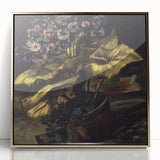 Art deco poster of a Van Gogh painting in gold frame, featuring vibrant yellow and blue tones.