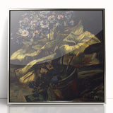 Large art print of a Van Gogh painting in a silver frame, featuring vibrant blue and yellow tones.