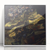 Mid-century modernist art depicting a starry night in vibrant blue and yellow tones on a framed acrylic print.