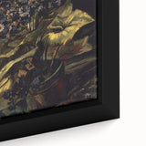 Close-up of a framed canvas featuring a textured, colorful abstract design with black accents, ideal for living room decor.