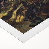 Art deco poster of a stylized cityscape in muted metallic tones on rolled canvas, suitable for dining room decor.