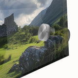 Close-up of an acrylic glass artwork depicting a vibrant landscape with a medieval castle, showcasing intricate details and vivid colors, ideal for home decor.