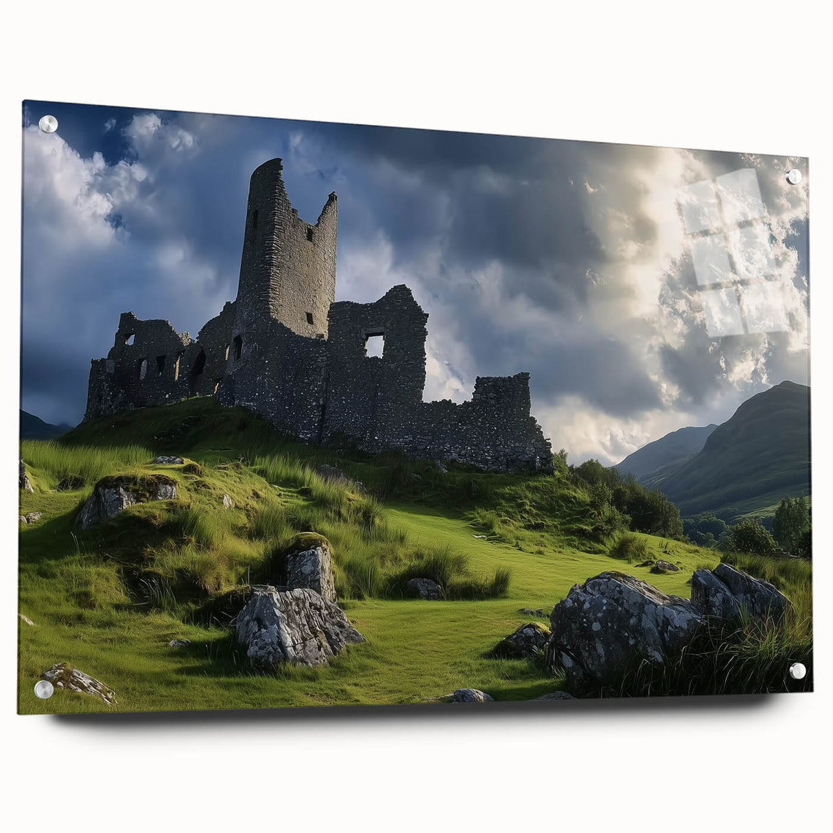 Acrylic glass artwork depicting a stunning landscape with a castle, displayed side view with mounting pins. The vibrant colors enhance the serene scene, making it perfect for home decor.