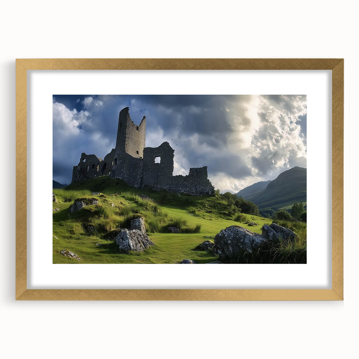 Elegant gold-framed landscape artwork featuring a detailed castle set against a serene backdrop, perfect for home decor. Ideal for enhancing living spaces with classic charm.