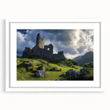 Framed landscape artwork showcasing a majestic castle surrounded by lush greenery, presented with a white mat for an elegant finish. Perfect for home decor.