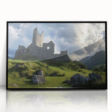 Framed acrylic artwork showcasing a stunning landscape with a castle, featuring a sleek black frame. Ideal for home decor, this piece adds a touch of elegance to any room.