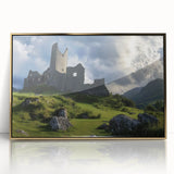 Framed acrylic art piece showcasing a vibrant landscape with a majestic castle, set against a scenic backdrop of rolling hills and a clear blue sky, highlighting intricate details in gold accents. Perfect for enhancing home decor with a touch of elegance and charm.