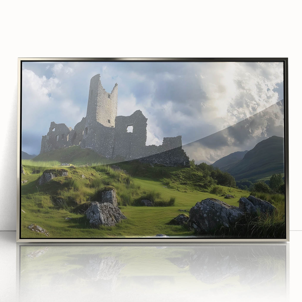 Framed acrylic artwork showcasing a picturesque landscape with a majestic castle, set against a serene sky. The silver frame accentuates the vibrant colors, adding elegance to any decor.