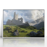 Framed acrylic landscape artwork showcasing a majestic castle surrounded by lush greenery, set in a white frame for a modern touch, perfect for home decor.