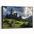 Framed canvas artwork depicting a picturesque landscape with a majestic castle, featuring a black frame and a side view showcasing its elegant design, perfect for home decor.