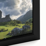 Close-up of a beautifully framed canvas depicting a majestic castle landscape, showcasing intricate details and vibrant colors, perfect for home decor.