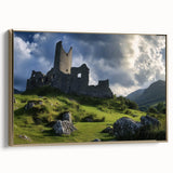 Framed canvas artwork depicting a serene landscape with a castle, highlighted by elegant gold accents. The side view showcases its sophisticated design, perfect for home decor.