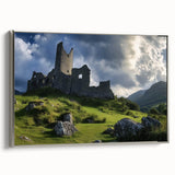 Framed canvas artwork depicting a stunning landscape with a castle, featuring a sleek silver frame and vibrant colors, ideal for enhancing home decor.