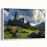 Framed canvas artwork showcasing a picturesque landscape with a majestic castle, presented from a white side view. Ideal for home decor enthusiasts and art lovers.