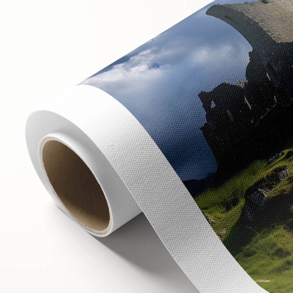 Rolled canvas artwork depicting a stunning landscape with a grand castle amidst lush greenery, showcasing vibrant colors and intricate details, ideal for home decor.