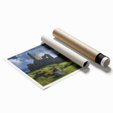 Rolled print showcasing a vibrant landscape scene with a majestic castle set against a vivid sky, designed for home decor enthusiasts, presented in a protective tube.