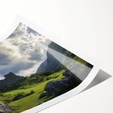 Rolled print showcasing a vibrant landscape featuring a majestic castle surrounded by lush greenery and a serene sky, ideal for home décor enthusiasts.