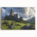 Stretched canvas artwork showcasing a vibrant landscape featuring a majestic castle surrounded by lush greenery and a clear blue sky, ideal for home decor.