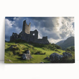 Stretched canvas artwork depicting a stunning landscape with a majestic castle surrounded by lush greenery, perfect for enhancing home decor and creating a serene atmosphere.
