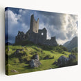 Stretched canvas artwork depicting a picturesque landscape with a majestic castle, showcasing vibrant colors and intricate details, ideal for home decor.