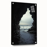 Acrylic glass landscape artwork depicting intricate cave formations, viewed from the side with decorative pins, showcasing vibrant colors and unique textures. Ideal for modern home decor enthusiasts.