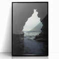 Framed acrylic wall art depicting a captivating cave landscape, featuring rich earthy tones and intricate details, set in a sleek black frame for modern decor.
