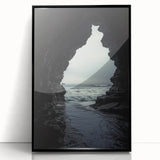 Framed acrylic wall art depicting a captivating cave landscape, featuring rich earthy tones and intricate details, set in a sleek black frame for modern decor.