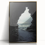 Framed acrylic artwork of a cave landscape with gold accents, showcasing intricate details and vibrant colors, perfect for modern home decor.