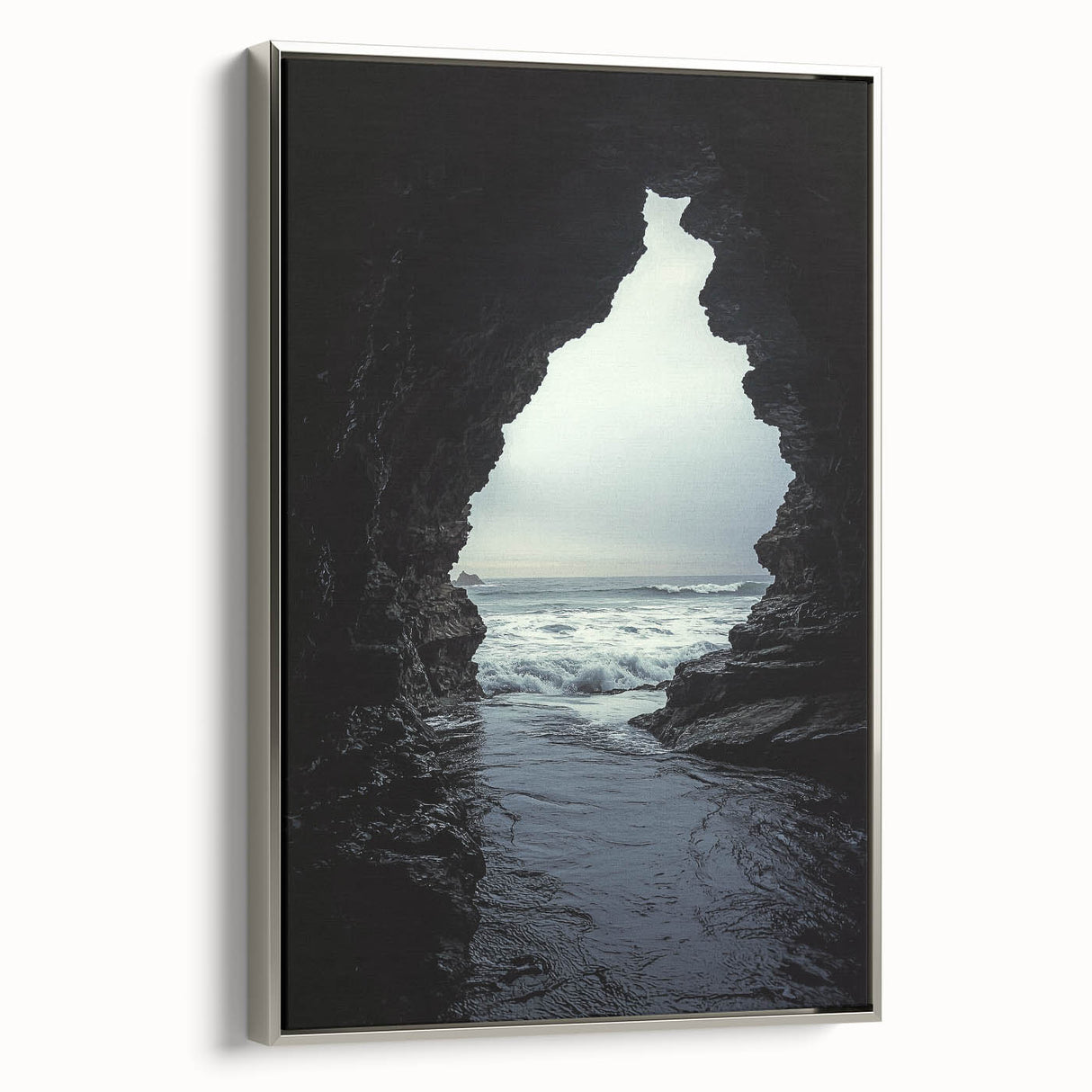 Framed canvas artwork showcasing a stunning landscape of caves with a silver side view, perfect for enhancing modern home decor and interior design aesthetics.