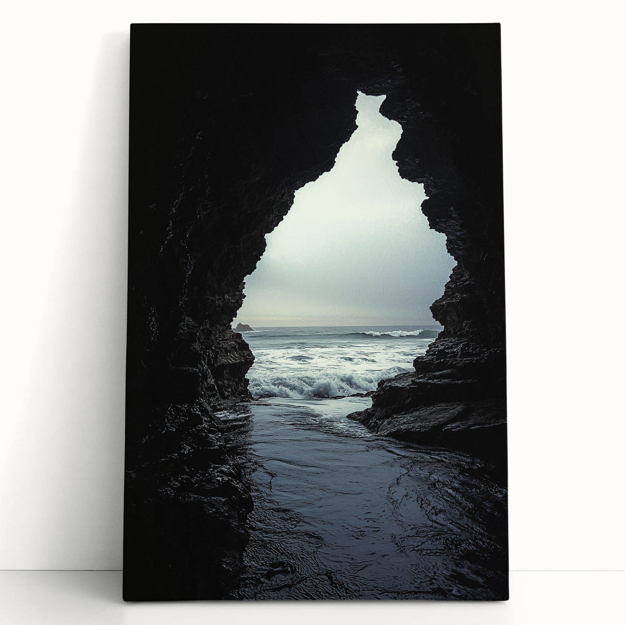 Stretched canvas artwork depicting a serene cave landscape, showcasing earthy tones and intricate textures, perfect for enhancing home decor with a natural aesthetic.
