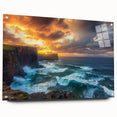 Acrylic glass artwork showcasing majestic cliffs in a vibrant landscape, side view with metal pins for mounting, ideal for contemporary home decor.