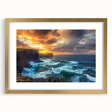 Framed landscape artwork showcasing dramatic cliffs, highlighted with a gold mat, perfect for home decor. Ideal for adding elegance and nature-inspired charm to any space.