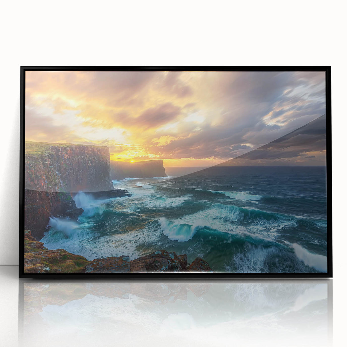 Framed acrylic artwork showcasing dramatic cliffs and landscapes, featuring a sleek black frame that enhances the vibrant colors and textures of the scene. Perfect for modern home decor.