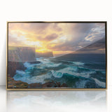 Framed acrylic artwork showcasing a vibrant landscape with dramatic cliffs and golden accents, perfect for adding elegance to modern home decor.