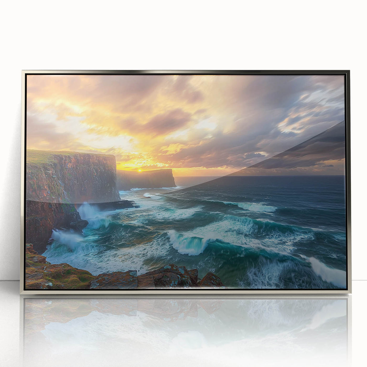 Framed acrylic artwork depicting a stunning landscape with dramatic cliffs, set against a vibrant sky, designed to enhance modern interior decor. This piece adds a touch of elegance and adventure to any space.
