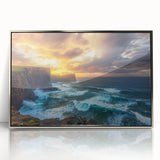 Framed acrylic artwork depicting a stunning landscape with dramatic cliffs, set against a vibrant sky, designed to enhance modern interior decor. This piece adds a touch of elegance and adventure to any space.