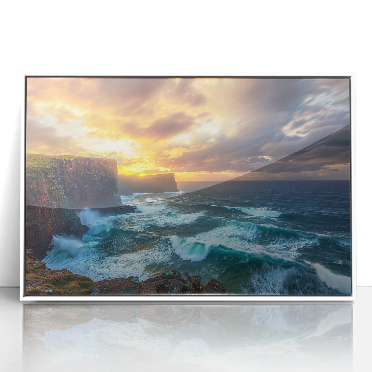 Framed acrylic artwork showcasing a stunning cliff landscape in vibrant colors, set in a sleek white frame, perfect for enhancing modern home decor.