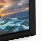 Close-up of a framed canvas showcasing a stunning landscape with dramatic cliffs and vibrant colors, perfect for home decor and nature enthusiasts.